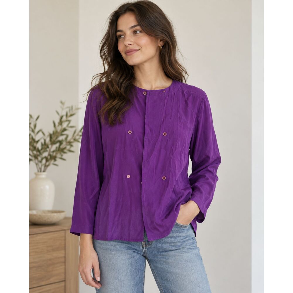 Sunny Leigh 100% Silk Purple Blouse Jacket Size M Button Front Vintage Style